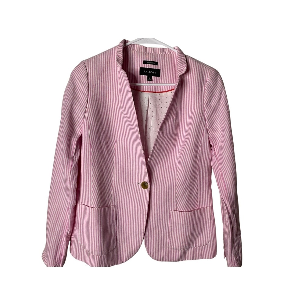 Talbots Women's Aberdeen Pink White Striped Linen Cotton Blazer Size 2